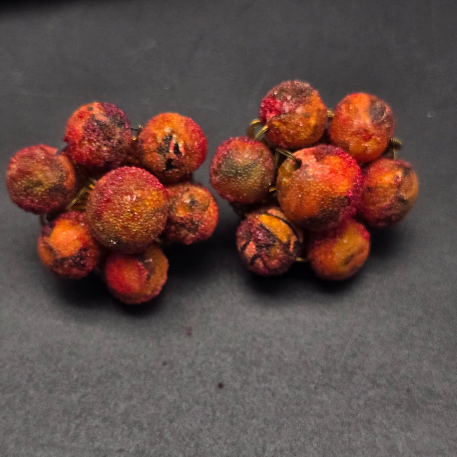 Japan Red Orange Sugar Beaded Cluster Clip On Earrings Vintage Jewelry